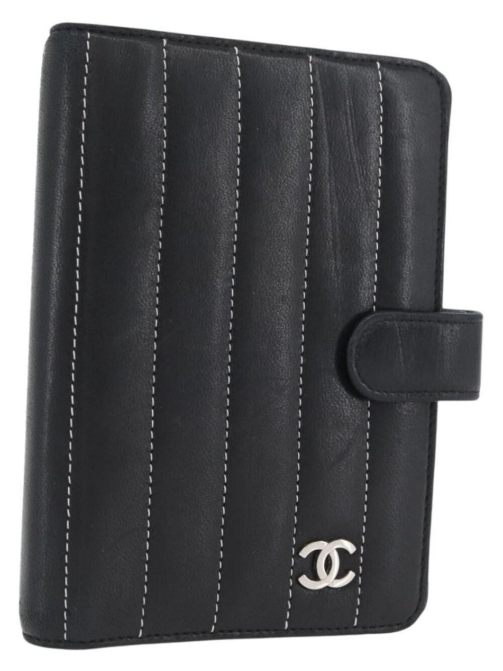 CHANEL Mademoiselle Agenda Day Planner Cover Leather Silver Black CC Auth mr2185